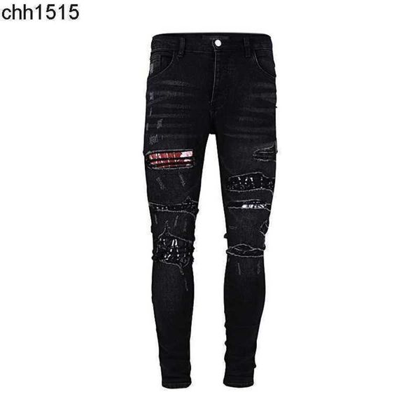 

hole fit wash water black 2023 used cashew blossom elastic slim amirs jeans men's off and women's high street fashion brand, Blue