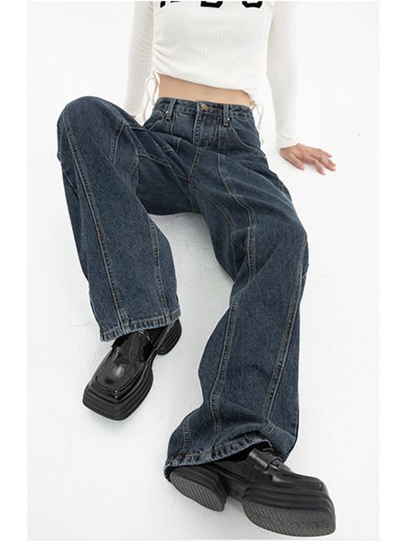 

women's jeans american fashion high waist women's bag jeans wide leg denim pants harajuku retro straight dark blue trouser street