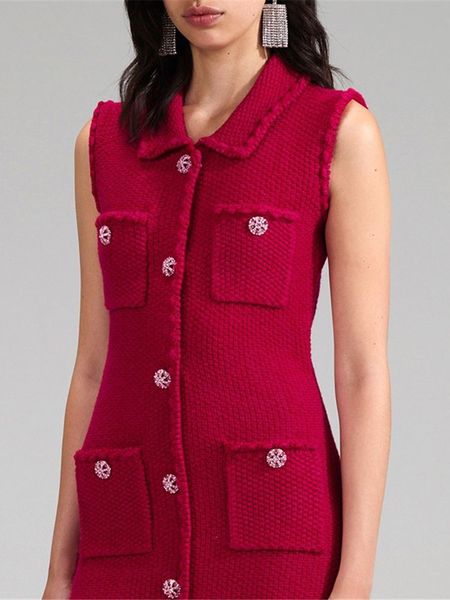 

casual dresses women's red wool blended dress sleeveless diamond button lapel single breast women's mini robe spring 230408, Black;gray