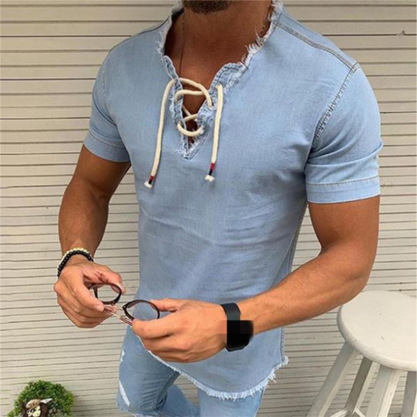 

men s casual shirts simple thin section denim shirt v neck tie tassel stretch blouse male 2023 summer daily youth short sleeve 230407, White;black