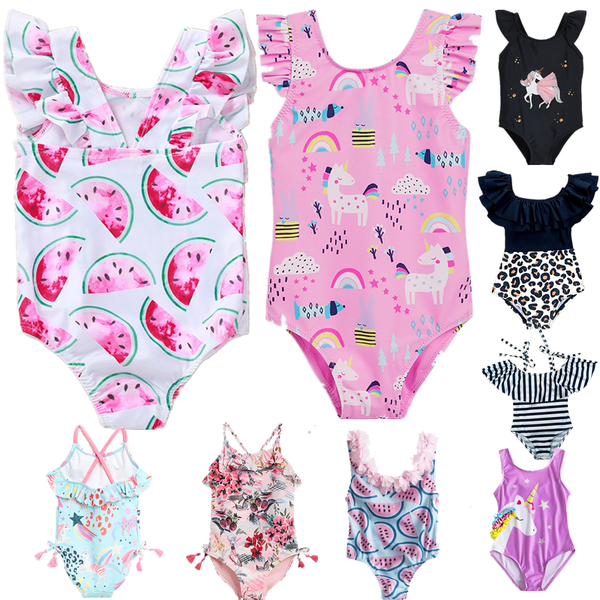 

summer baby girl bikini 2023 kids one-piece swimwear baby girls bathing suits watermelon print toddler girl swimsuit ruffle wear long board, Blue