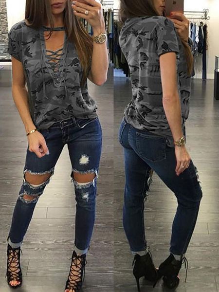 

women s t shirt hirigin women summer camouflage pattern short sleeve round neck halter outfit loose hollow wild fashion chest straps 230408, White