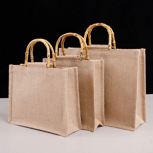 

evening bags portable burlap jute shopping handbag bamboo loop handles tote retro diy women big size beach for girls 230407
