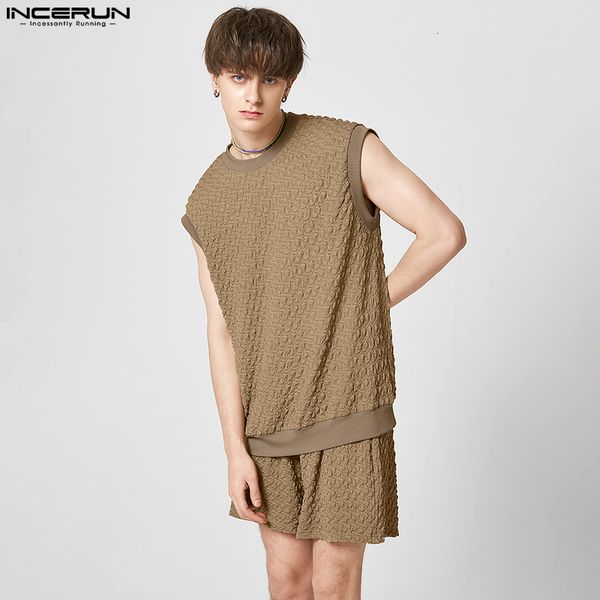 

men s tracksuits incerun men sets patchwork streetwear o neck sleeveless tank shorts 2pcs 2023 pleated summer fashion casual suits 230408, Gray