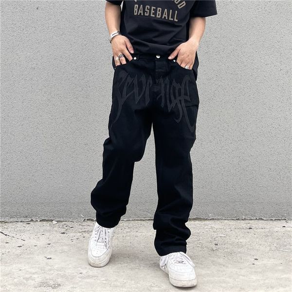 

mens pants y2k korean fashion black streetwear embroidered low rise casual jeans trousers straight hip hop denim male clothes 230407