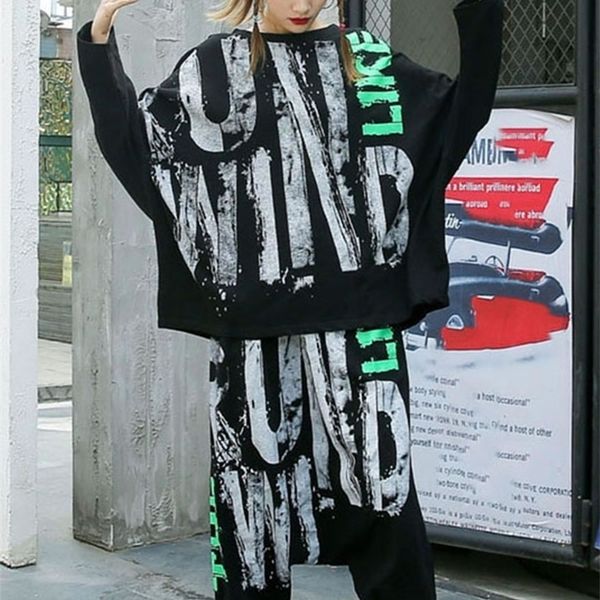 

women s two piece pants xitao letter print pattern set autumn casual fashion style temperament o neck batwing sleeve clothes zp3067 l230407, White