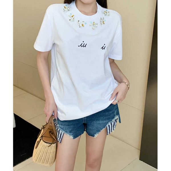 

23ss womens t-shirt tee designer clothes women handmade beaded decorative letter embroidery short sleeve t-shirt womens clothes a1, White