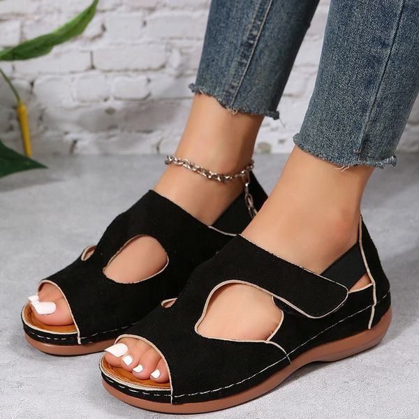 

sandals women heels for girls non slip hook loop fish mouth wedges beach open toe breathable shoes 230407, Black