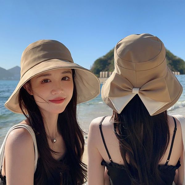 

wide brim hats bucket lovely summer women sun with bow outdoor beach uv protection sunshade cap casual big for female 230408, Blue;gray
