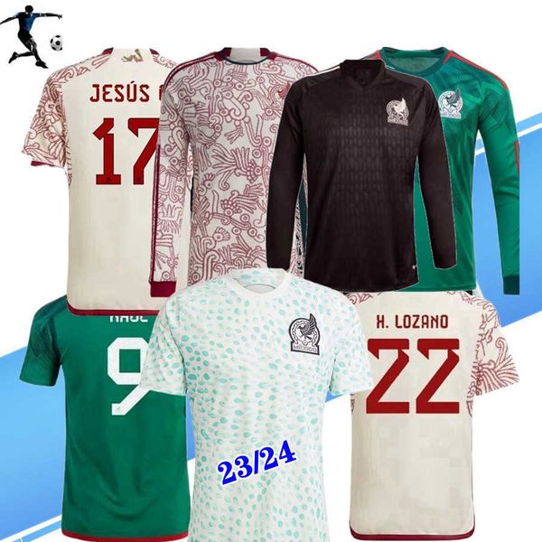 

2022 2023 mexico soccer jerseys long sleeve thailand fans player version national team jersey h. lozano chicharito 23 24 football shirts me, Black;yellow