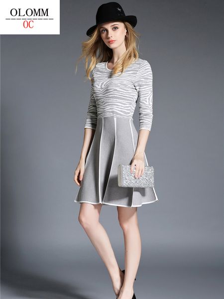

casual dresses olomm european and american fashion 3/4 sleeve knitted dress spliced pleated ski board hr160615 230408, Black;gray