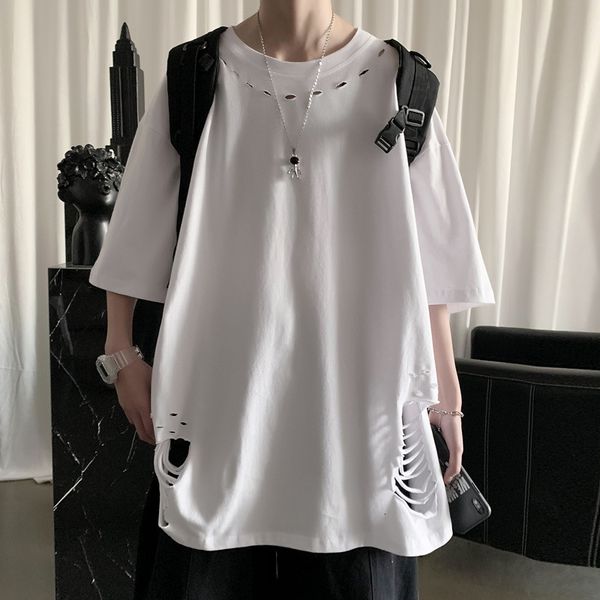 

men's t-shirts summer chic holes short sleeve t-shirts for men clothing fashion o-neck loose casual tee shirt homme streetwear tshirt, White;black