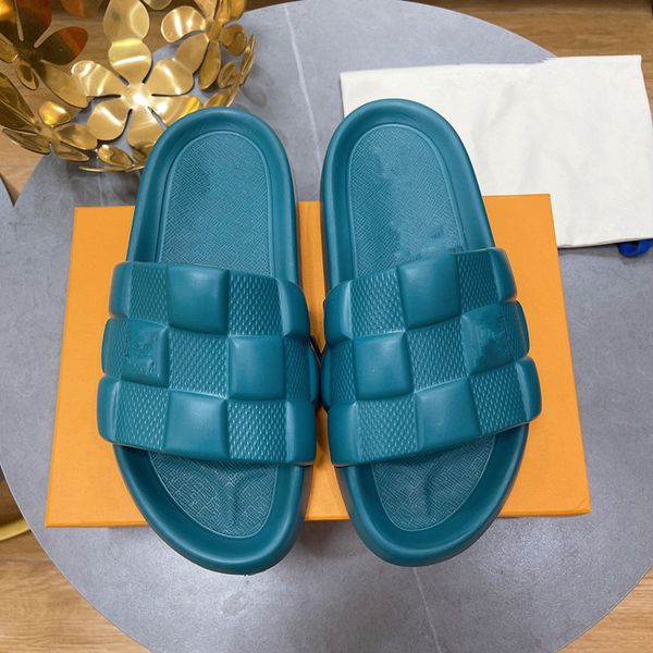 

with box designer rubber slide slippers waterfront embossed mule slides men women shoes fashion summer white blue orange black sea beach pla