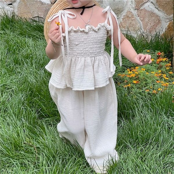 

clothing sets korean children kids set girls summer organic cotton tie tank sling smocked lace wide leg pants trousers outfits 230407, White
