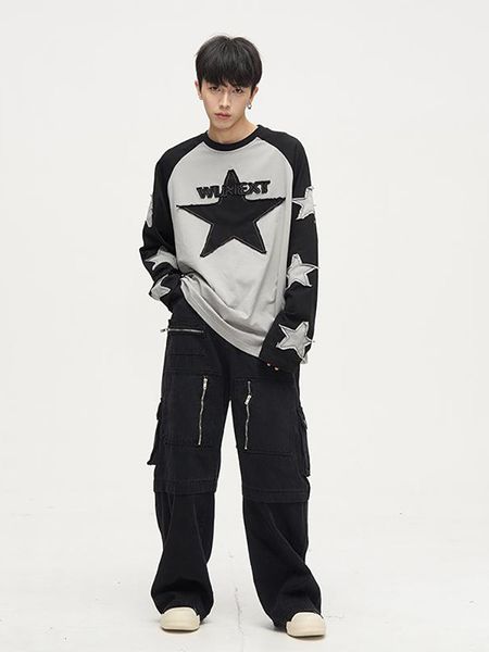 

men's t-shirts harajuku star embroidery y2k pullover women's contrast patch harajuku dress long sleeve preppy long sports 230408, White;black