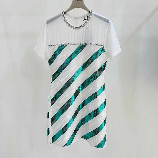 

Basic Casual Dresses Summer Stripe Colorful Beaded Mesh Dress with Round Neck and Diamond Contrast Style 5EO6, White