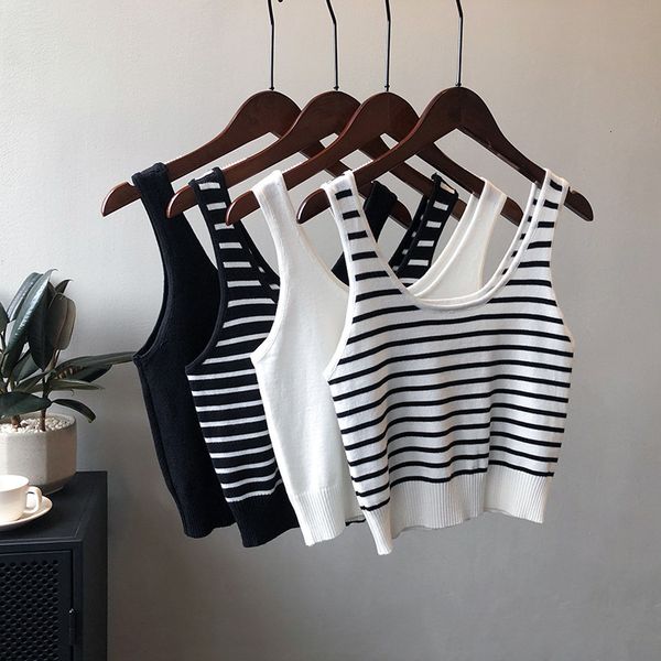 

camisoles tanks striped knitted crop camis white black summer casual women's tank 230408, Black;white