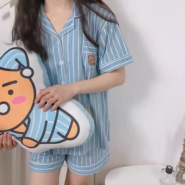 

women's sleepwear pajamas summer evening dress women's short sleeve cartoon cute bear pocket print student korean cardigan family, Black;red