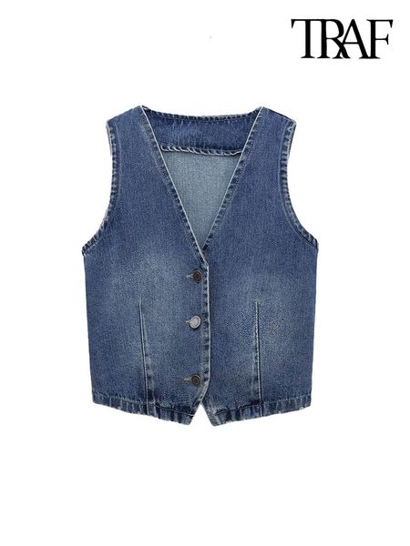 

women's vests traf women's fashion front button crop denim vest vintage v-neck sleeveless women's coat fashion vest 230408, Black;white