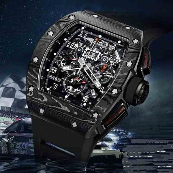 

men watch carbon fiber flyback automatic mechanical black rubber111, Slivery;brown