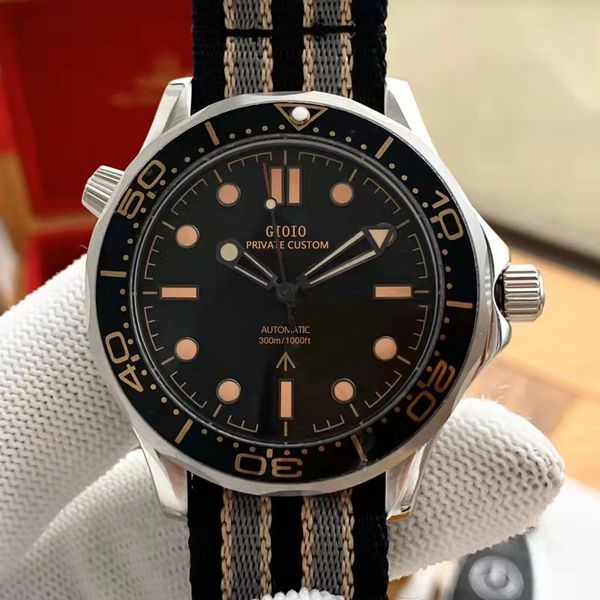 

42mm automatic mechanical mens watch luxury black canvas ceramic bezel stainless steel luminous, Slivery;brown