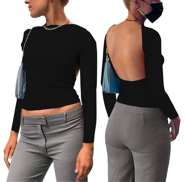 

womens tshirt y2k backless clothing wearing on the front and back spring festival fashion long sleeve party club pink clothing for women 230, White