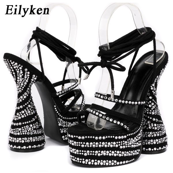 

sandals eilyken crystal chunky heels fashion peep toe ankle cross laceup platform women stripper shoes 230408, Black