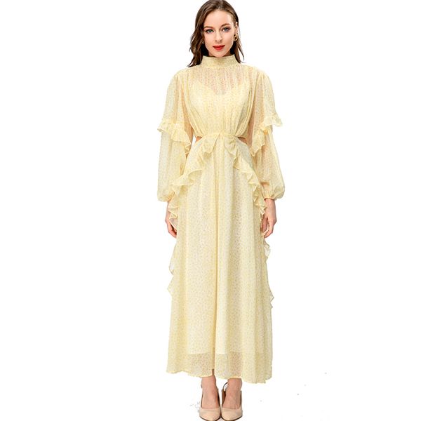 

women's runway dresses stand collar long lantern sleeves ruffles open side fashion designer party prom, Black