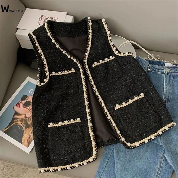 

women's vests fashion pearl button waist jacket women's sleeveless jacket korean gilets ultra-thin cardigan vintage tweed black an, Black;white
