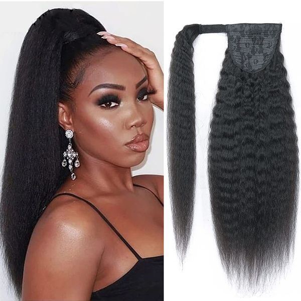 

kinky straight wrap around ponytail human hair brazilian remy hair magic paste clip in ponytail extensions for women 1b# natural color, Black