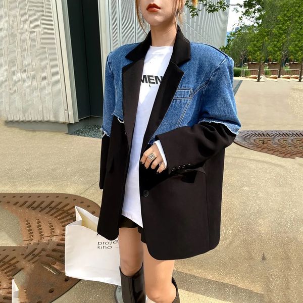 

women's suits & blazers spring vintage denim spliced blazer women's autumn new notched loose single breasted long sleeve suit coat, White;black