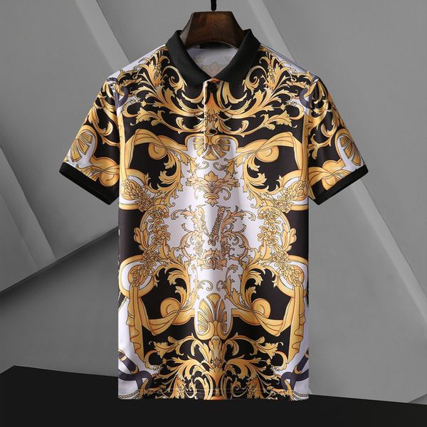 

mens tshirts summer fashion casual shortsleeved tshirt baroque black gold pattern printing lapel ice silk mannen kleding 230408, White;black