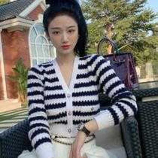 

women's knits & tees designer spring and autumn blue black white stripe short knitted cardigan v-neck coat female fashionable little ma