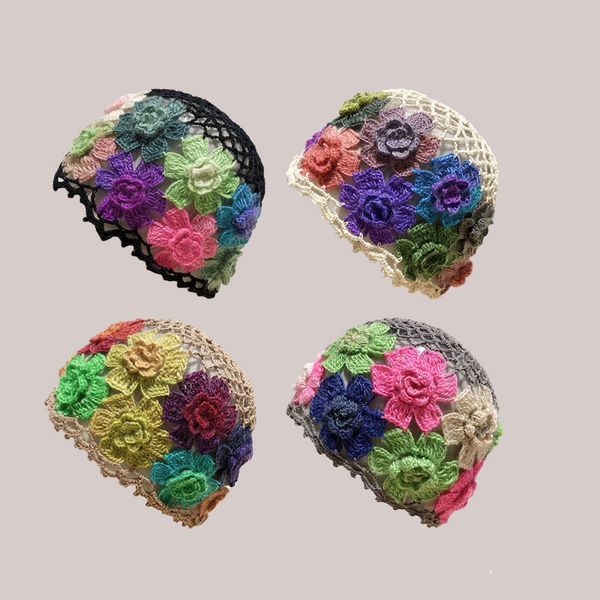 

beanieskull caps japanese spring and summer literary artistic color flowers hollow hat womens sweet knitted wool melon skin 230408, Blue;gray