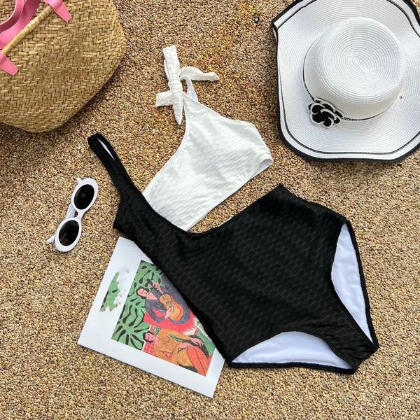 

designer bikini temperament black and white color contrast, high waist covering belly, slimming and small chest gathering spring swimsuit, s, White;black