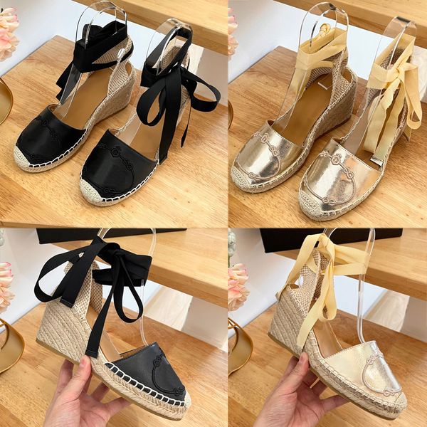 

linen espadrille wedgen sandals 1iz0 cotton ankle straps on the upper embroidered lettering logo 2023s round toe womens designer fisherman s, Black