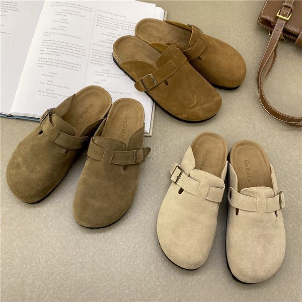 

slippers mr co genuine leather round toe couple man outdoor casual sandals women suede 230407, Black
