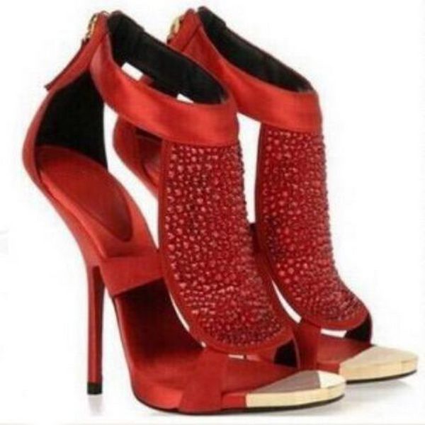 

fashion super high heel cool boots sandals ladies open toe back zipper high-heeled luxury brand water diamond red wedding boots women's, Black