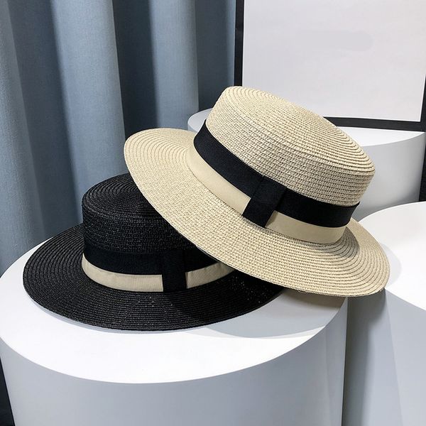 

classic summer straw hats vacation beach hat caps sunshade seaside flat hat travel sunscreen sun hat, Blue;gray