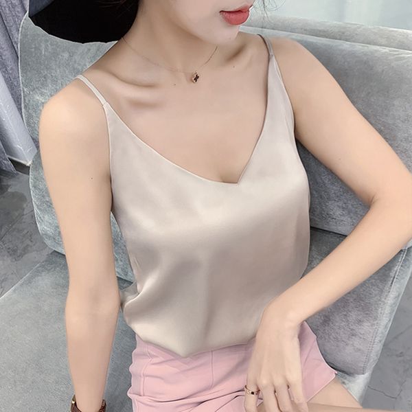 

camisoles tanks summer silk tank v-neck basic women's tank women's sleeveless tank white satin tight bra women's clothing 230, Black;white