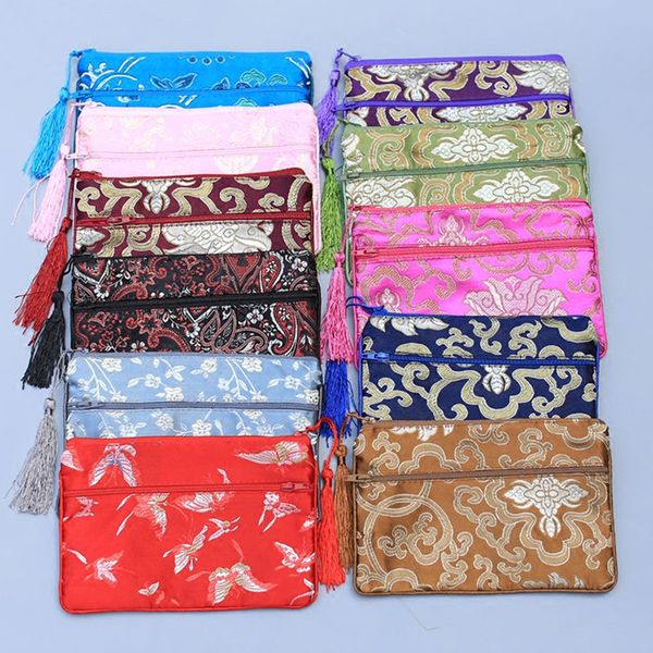 

custom double zipper pouch jewelry makeup stoage bags for travel chinese silk brocade purses cell phone cloth pouch wholesale 50pcs/lot, Pink;blue