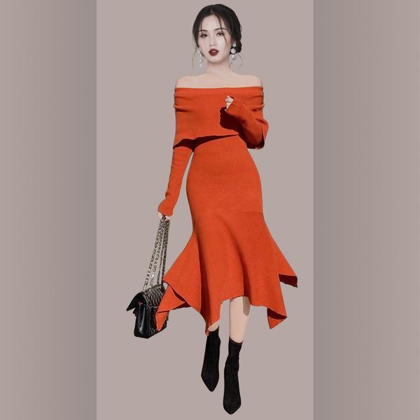 

2023 casual dresses chic korean women off shoulder knitted irregular mermaid dress autumn ruffles slash neck red bodycon slim midi dress, Black;gray