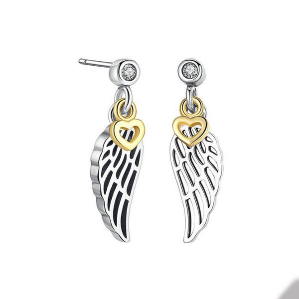 

wing and hearts pendant stud earrings for pandora real sterling silver wedding party earring set for women girlfriend gift love earrings wit, Golden;silver