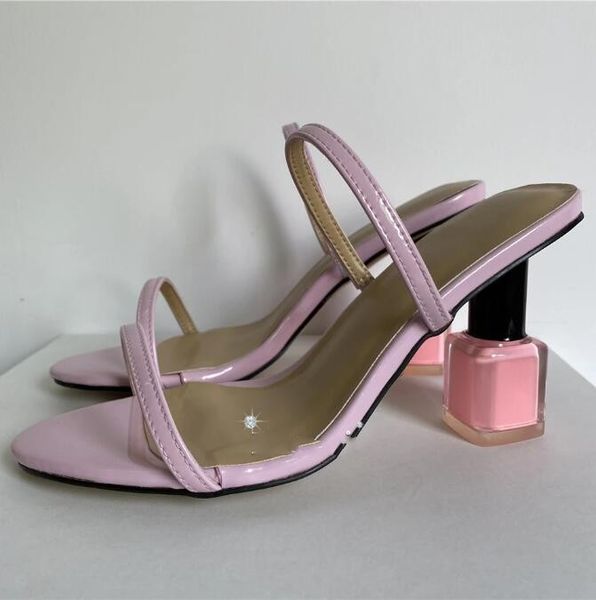 

nail polish heel slingbacks mules for girls luxury patent leather narrow band concise slim sandals women summer, Black