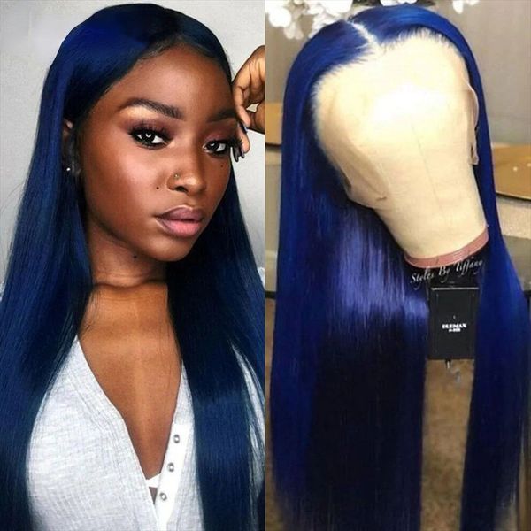 

Brazilian Hair Wear Go Glueless Wig Dark Blue Transparent Lace Front Wigs for Women 613 Colored Synthetic Wigs Preplucked, Red color like picture show