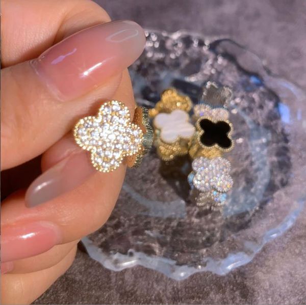

four-leaf clover earring stud screw back light luxury double-sided agate rhinestone ear buckle fashion simple 2023 summer new earring access, Silver