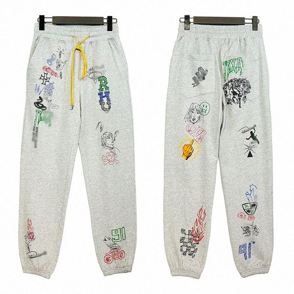 

rhude european and american high street cartoon graffiti hand-painted loose men's and women's casual trousers thin sports pants tr, Black