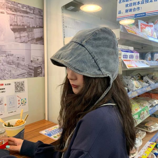 

wide brim hats bucket hats japanese and korean retro denim bucket hat women's fashion tie four seasons washed denim basin hat short bri, Blue;gray
