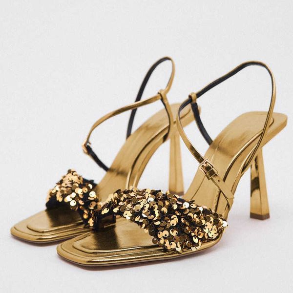 

sandals gold sequin heeled women fashion squared toe high heels woman bing wedding shoes luxury sandal slingbacks 230406, Black