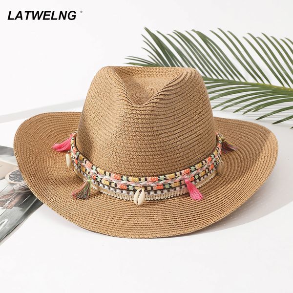 

wide brim hats bucket hats wholesale women pink tassel cowboy hat floppy beach hats summer straw hats ladies uv protection hat panama sun ha, Blue;gray